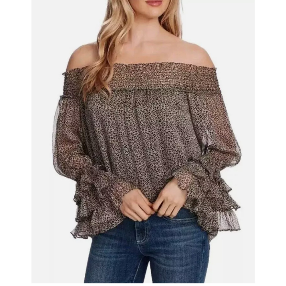 CeCe Leopard Print Long Sleeve Off-Shoulders Lined Blouse Size XS